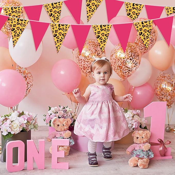 Tiamon 5 Pcs Leopard Cheetah Print Birthday Banner Decoration Hot Pink Cheetah Zoo Pennant Bunting 49.2 Ft Wild Animal Print Triangle Flag for Baby Shower Safari Leopard Party Supply Zoo Decor