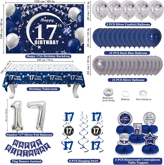 17th Birthday Decorations for Boys Girls, 54 PCS Happy 17 Balloon Numbers Set for Boys, Blue 17 Year Old Birthday Party Supplies with Bday Tablecloth Banner Honeycomb Centerpieces Hanging Swirls