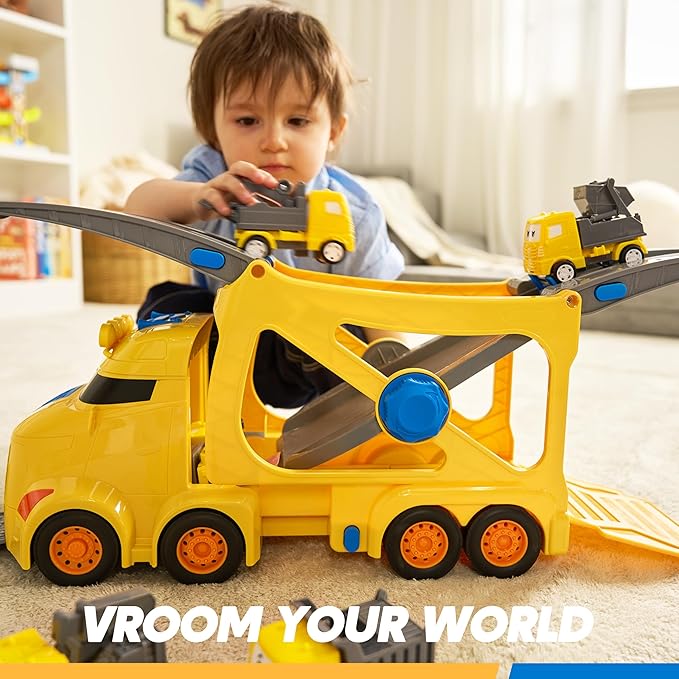 JOVA Extra Large Toy Trucks for Toddlers, 3-Layer Construction Trucks for Boys, 7-in-1 Big Carrier Truck with Siren & Lights and 6 Toy Cars, Birthday Gifts for Boys Kids