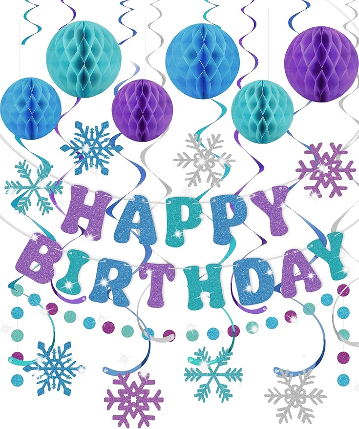 Amandir Snowflake Birthday Decorations for Girls, Glitter Happy Birthday Banner with Honeycomb Balls, Snowflake Hanging Swirls Streamers, Circle Dots Garland, Princess Winter Wonderland Party Supplies