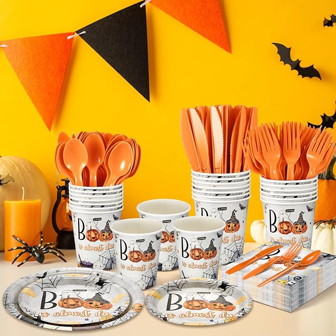 Dandat 350 Pcs Baby Shower Plates Set Baby Shower Party Supplies Serves 50 Tableware Sets Include Plates Napkin Cup Forks Knives Spoons Disposable Dinnerware(Boo,Orange)