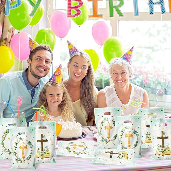 50Pcs Cross Party Favor Bag Baptism First Communion Waterproof Goodie Bag with Die Cut Handles God Bless Church Religious Plastic Gift Bags for Kids Birthday Baby Shower Decoration Supplies