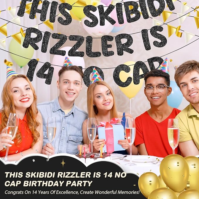 Fulmoon Pre Strung This Skibidi Rizzler Is No Cap Glitter Banner Birthday Party Decorations, Funny Birthday Sign, Party Supplies, Ideas, Gifts, Black
