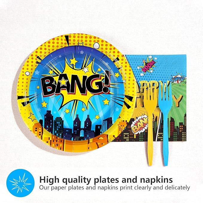 96Pcs Super Theme Hero Party Decorations Colorful Comic Hero Plates and Napkins Dessert Tableware Sets Super Theme Hero Birthday Decorations Favors for Kids Baby Shower Spider Party Supplies Serve 24
