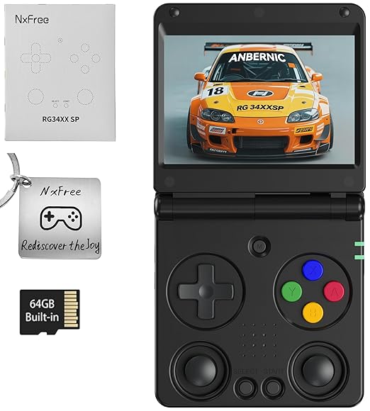Anbernic RG34XXSP Retro Gaming Console – Flip Design, 3.4'' IPS Screen 720×480, 64G TF Card with 5000+ Games, Portable Handheld, 3300mAh Battery, WiFi HDMI Bluetooth (Black 64G)