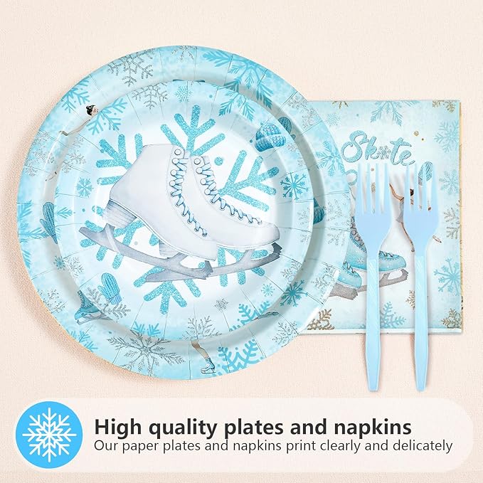 96Pcs Ice Skating Birthday Party Decorations Blue Ice Skating Snowflake Plates and Napkins Sets Winter Wonderland Ice Skating Party Decorations for Girls Baby Shower Skate Theme Supplies Serves 24 ﻿