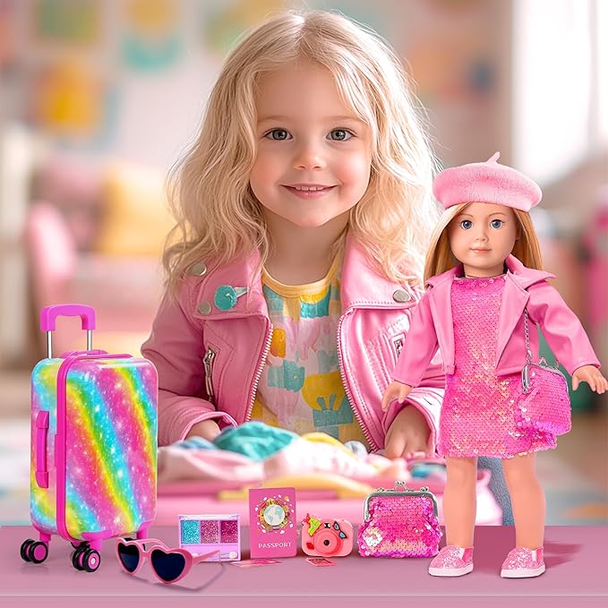 American 18 Inch Doll Clothes Accessories-18 inch Doll Suitcase-Glasses,Beret,Shoes,Handbag,Camera, Passport,Mobile Phone Travel Set Valentine's Gift Toys for 3-12 Girls