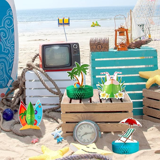 Yexiya 12 Pieces Beach Honeycomb Centerpieces Pool Cake Balls Table Toppers Beach Pool Party Supplies Decorations for Birthday