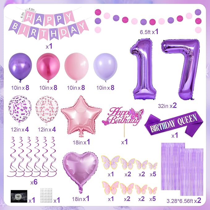 17th Purple Birthday Decorations for Girls, Pink and Purple Happy 17 Birthday Party Decorations with Happy Birthday Banner, Number Foil Balloons, Butterfly Cake Topper for 17th Party Supplies