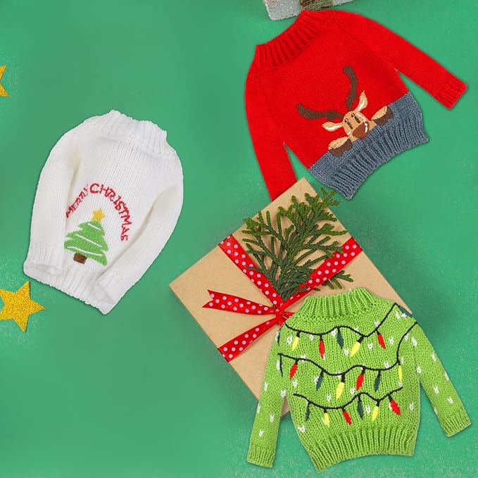 Aoriher 3 Pcs Christmas Doll Clothes Christmas Accessories Outfit Small Sweater Set Knitted Clothing Elk Xmas Santa Tree Snowflake Xmas Doll Accessories(Cute Style)