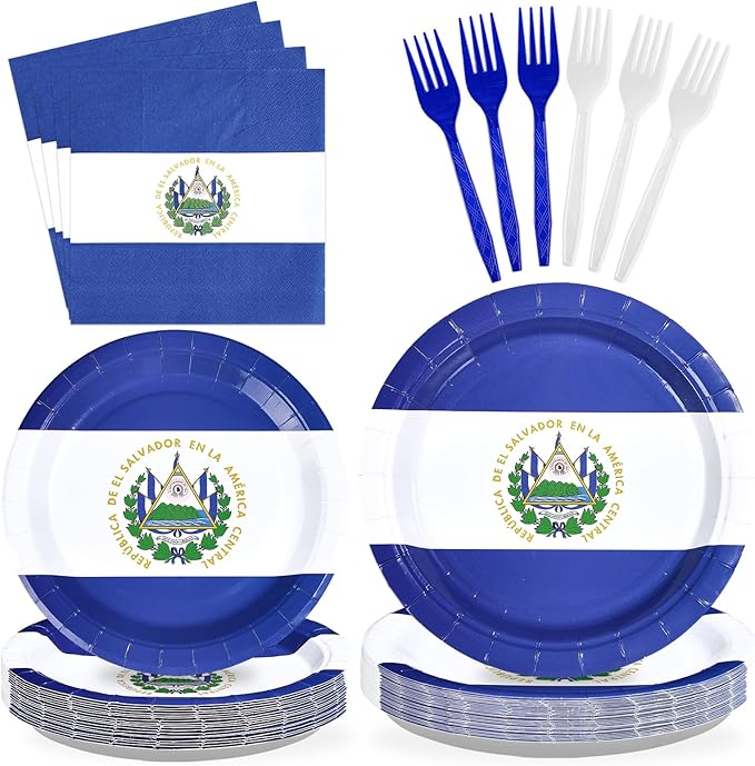 96Pcs El Salvador Flags Party Supplies Salvadoran Flag Plates and Napkins Blue white Flag Tableware Set for National Sports Events Patriotic Festival Birthday Party Supplies，Serves 24