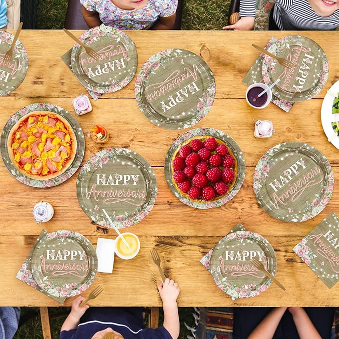 96Pcs Happy Anniversary Party Decorations Rustic Pink Floral Happy Anniversary Plates and Napkins Wooden Cheers to Marriage Decoration for 40th 50th Wedding Commemoration Day Party Supplies Serves 24