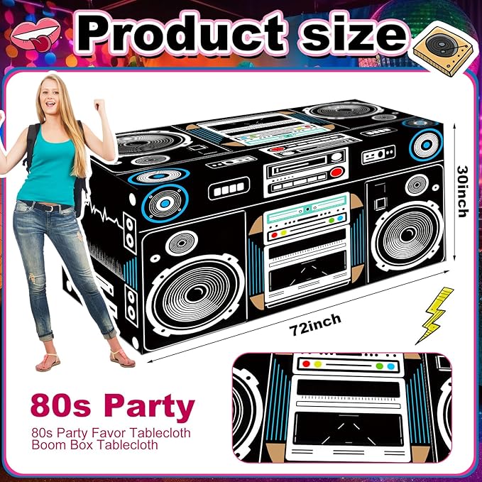 Oudain 6 FT 80s 90s Theme Tablecloth 80s Birthday Party Supplies Hip Hop Party Decoration Vintage Boom Box Tablecloth 72 x 30'' Retro Radio Table Cover Washable Fabric Polyester Rectangle Table Cover