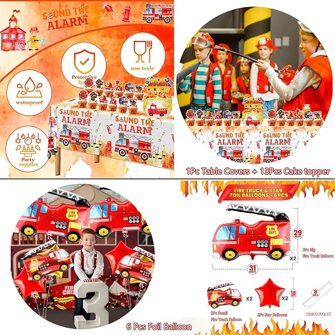 Fire Truck Birthday Party Decorations Kit – Firefighter Party Supplies with Happy Birthday Banner, Fire Truck Foil & LatexBalloons, Table Cover, Cake Toppers & Tattoo Stickers Perfect for kids Party
