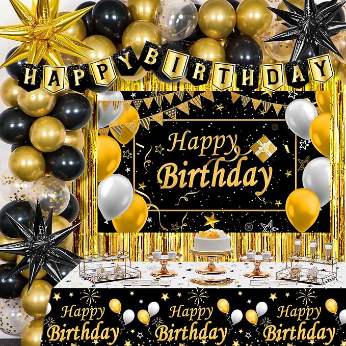 Black and Gold Birthday Decorations for Men Women, Black Gold Party Decorations Kit with Happy Birthday Banner Backdrop Tablecloth Foil Curtains Balloons Arch, Happy Bday Party Supplies for Him