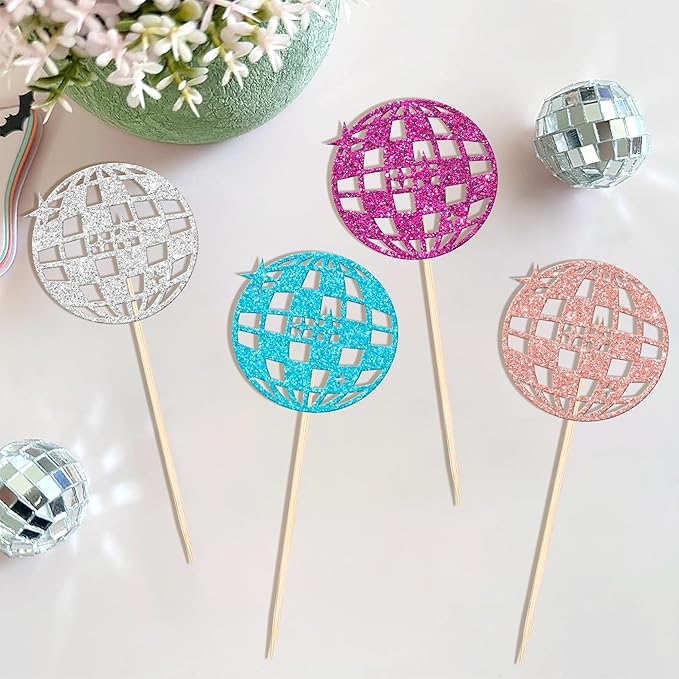 24 Colorful Disco Ball Cupcake Toppers - Dancing Cupcake Decorations for 70s Disco Music Theme Party Supplies