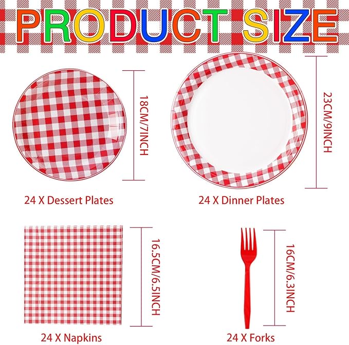 96 Pcs Red Gingham Party Decorations Red and White Buffalo Checked Plaid Plates and Napkins Disposable Gingham Tableware Sets for Summer Pizza BBQ Picnic Baby Shower Birthday Party Supplies Serves 24