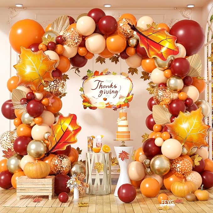 Orange Balloon Arch Kit, Thanksgiving Fall Balloons Garland with Leaf Foil Ballon Burgundy Burnt Orange Baloon for Autumn Birthday Hello Fall Shower Party Decorations