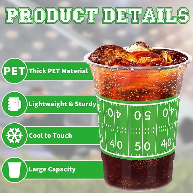 50 PCS Football Cups, 16 OZ Football Party Cups, Thickened Football Plastic Cups, Disposable Clear Drinking Cups in 2 Designs for Football Party Supplies Football Party Decorations Touchdown Favors