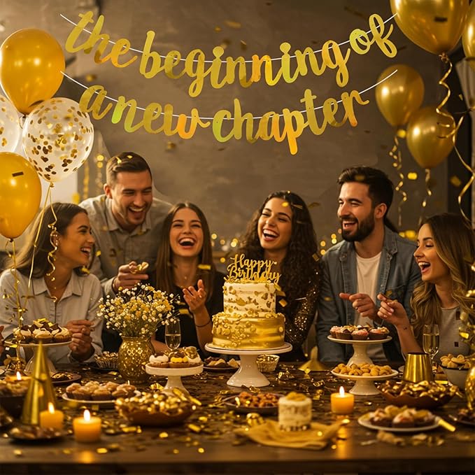 BEISHIDA Double-Sided Gold The Beginning of A New Chapter Banner,Farewell Book Themed Housewarming Party Congratulations Decorations,Going away party Garland,Graduation Sign 2026 Banner,retirement Supplies