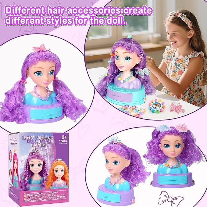 4-in-1 Doll Head for Hair Styling Kids-9Inch,Hair Salon Toys Makeup Kit Princess Accessories Pretend Play Toys Birthday Gifts for 3-8 Year Old Girls