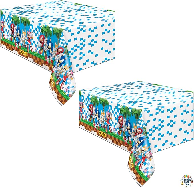 Unique Sonic The Hedgehog Party Table Covers 2-Pack Plastic Tablecloths 54” x 84” with Celebrate with Me Sticker | Sonic Birthday Party Supplies for Kids