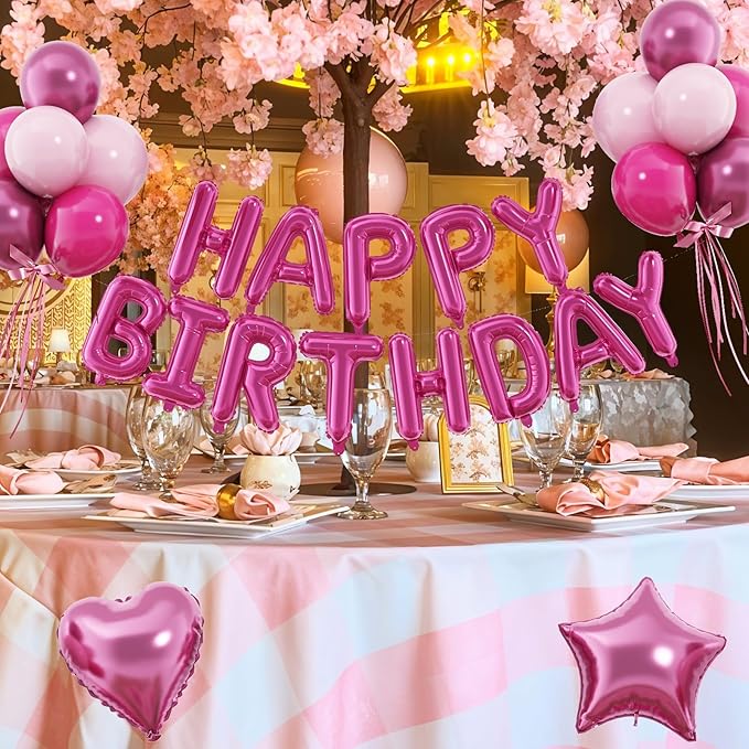 29PC Hot Pink Happy Birthday Balloon Banner, 16 Inch 3D Letter Banner Sign, Pink Hot Pink Metallic Balloons 18 Inch Star Heart Foil Balloons for Women, Girls Party Decorations