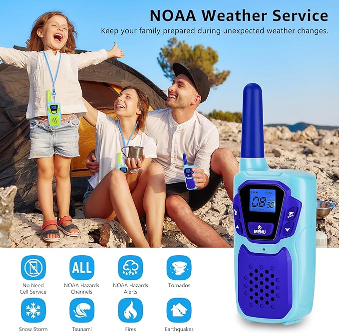 Walkie Talkies for Kids Rechargeable 4 Pack Walkie-Talkies Long Range NOAA FRS 2 Way Radio for Adults Camping Skiing Cruise, Family Adventure Toys for 3-12 Year Old Boys Girls Toddlers