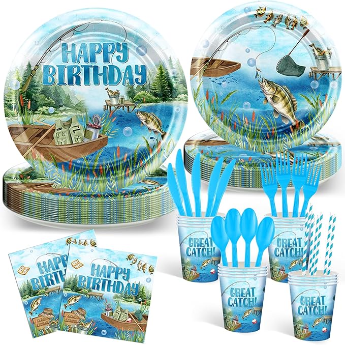 Avezano 192 pcs Fishing Birthday Decorations Fishing Birthday Party Disposable Plates and Napkins Set Fisherman Party Paper Tableware Supplies Serve 24