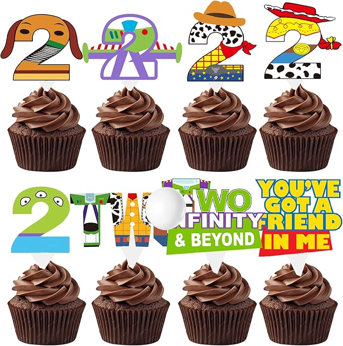 Cartoon Story 2nd Birthday Decorations 40ps Blue Sky and White Cloud Cow Birthday Cupcake Toppers for Boys Girls 2nd Bday Cartoon Story Party Supples Decor (2nd birthday)