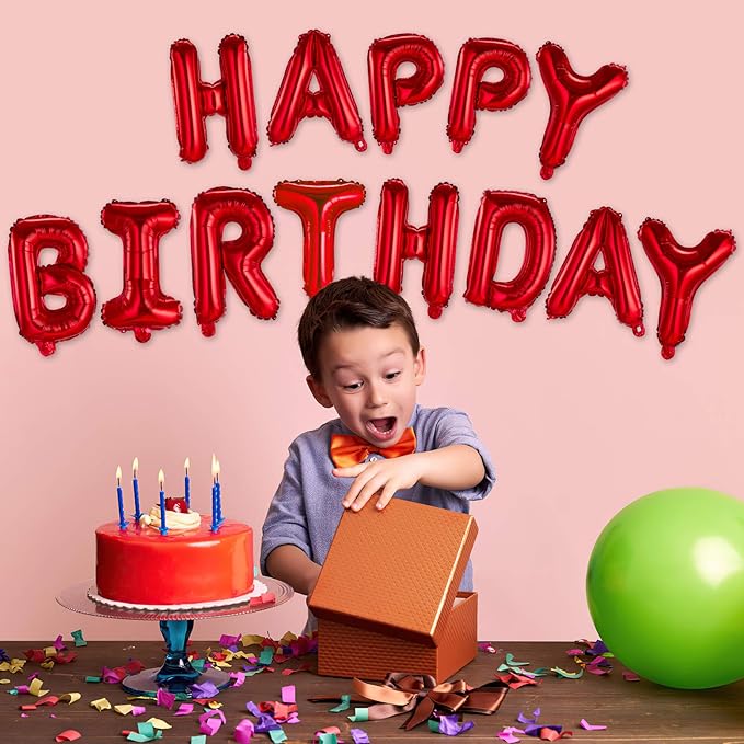 Happy Birthday Balloons Banner Red 16 Inch Mylar Foil Letters | Inflatable Party Decor and Event Decorations for Kids and Adults | Reusable, Ecofriendly Fun
