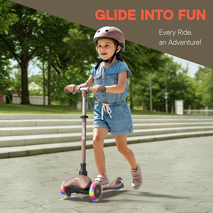 Brown Mini 3 Wheel Scooter for Kids – Lean-to-Steer with LED Light-Up Wheels, Adjustable Handlebar, Wide Anti-Slip Deck, Smooth PU Wheels, Rear Foot Brake – Toddler Scooter for Ages 2+