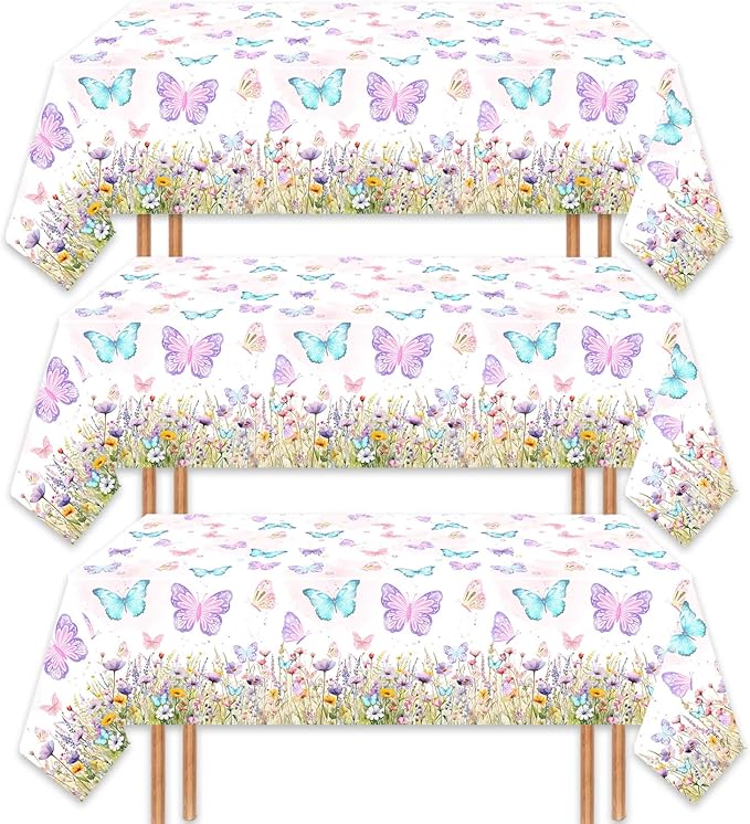 3 Pack Butterfly Tablecloth Birthday Party Decorations for Spring Butterfly Theme Girls Baby Shower 1st 2nd 3rd 4th Birthday Party Table Supplies Favors, 108 x 54 Inch