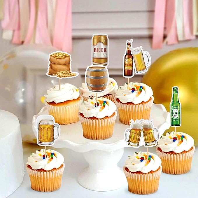 Ercadio 32 PCS Beer Party Cupcake Toppers Cheers and Beers Happy Birthday Decor for Beer Kegs Cake Topper Favor for Summer Family Party Decor Supplies