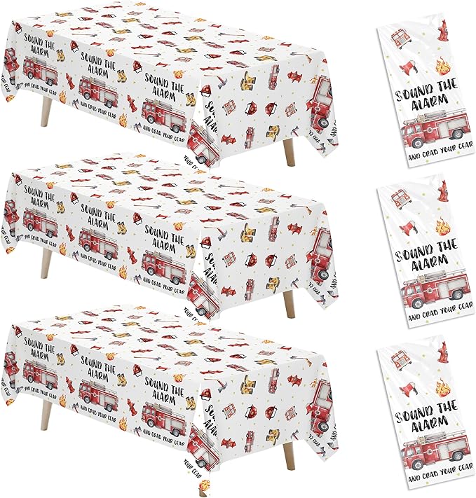 Fire Truck Birthday Decorations Supplies Tablecloth for Kids, 3Pcs Disposable Sound The Alarm Theme Firefighter Party Table Cover Decorations for Fireman Birthday Baby Shower, 55in x 86in
