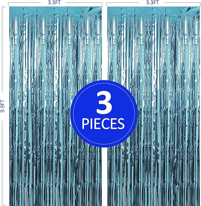 3 Pack 3.3 x 9.9 ft Light Blue Foil Fringe Backdrop Curtain, Streamer Backdrop Curtains, Streamers Birthday Party Decorations, Tinsel Curtain for Parties, Galentines Decor, Photo Booth