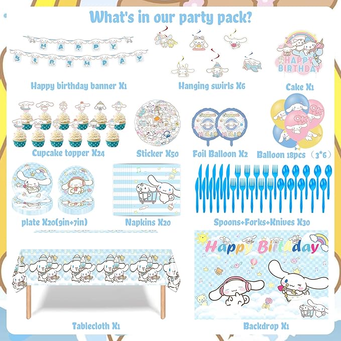 Birthday Decorations, cute Party Supplies Include Happy Birthday Banner, Hanging Swirls, Backdrop, Tablecloth, Tableware Set, Stickers,Cake Toppers, Balloons