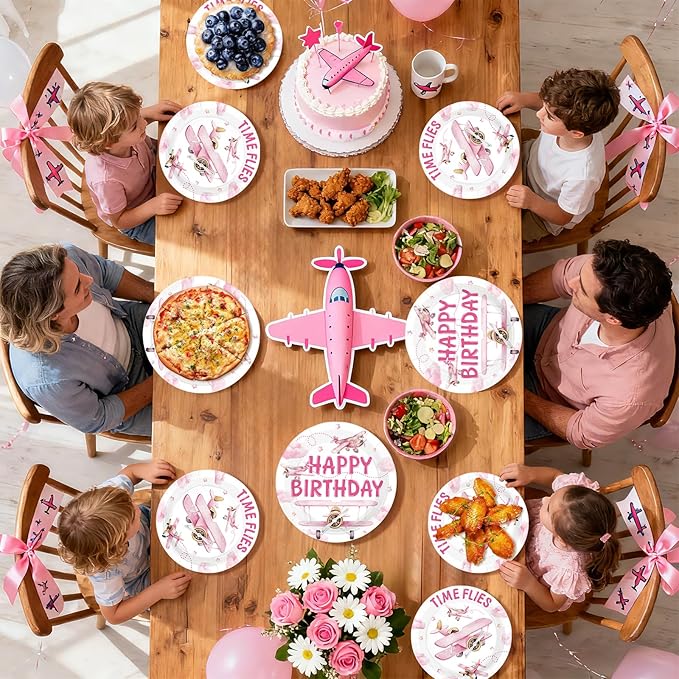 96Pcs Airplane Birthday Party Decorations Pink Airplane Aircraft Plates and Napkins How Time Flies Decorations for Girls Little Pilot Aviation Theme Birthday Baby Shower Party Supplies Serves 24