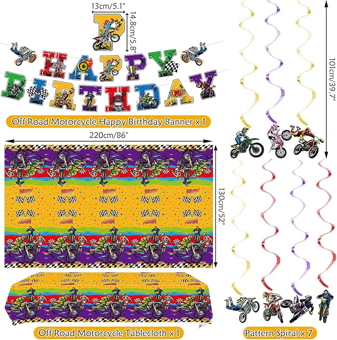 Dirt Bike Party Supplies, Includes Happy Birthday Banner, Plate, Napkin, Cups, Cake Toppers, Hanging Swirls, Tablecloth, for Kids Boys Girls Motorcycle Extreme Sports Birthday Decorations, Serve 20