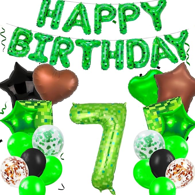 34Pcs Pixel Happy Birthday Party Decorations Set Green Pixel Miner Number 7 Foil Balloon Large Mylar Mining Theme 7th Number Balloons Video Game Party Supplies Cubes Boxes Decor