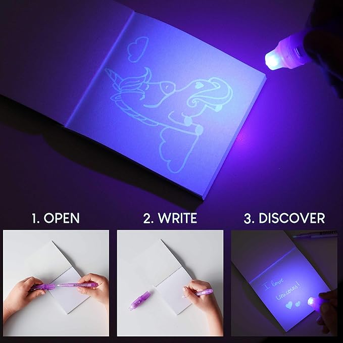 BONNYCO Invisible Ink Pen and Notebook Pack 32, Unicorn Party Favors for Kids. Magic Spy Pen Goodie Bags Stuffers for Kids, Unicorn Birthday Party Supplies. Goody Bag Stuffers, Return Gifts Prizes