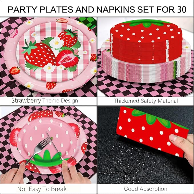120PCS Strawberry Party Decoration Disposable Paper Plates, Cups, and Napkins for Strawberry Themed Party Decorations for Girl Boy Summer Sweet Baby Shower Supplies, Serve 30