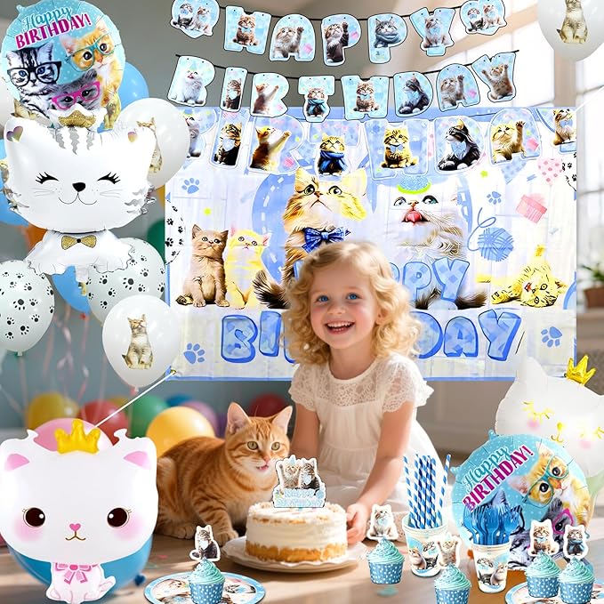 141Pcs Cat Birthday Decorations, Cat Birthday Party Supplies, Cat Birthday Party Decorations Include Plates Cups Napkins Tablecloth Balloons Cake Toppers for Kids Party