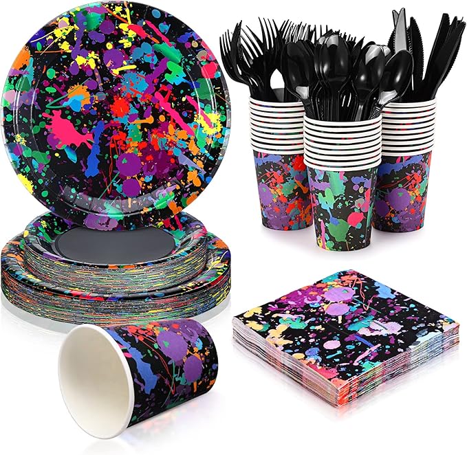 Baderke 252 Pcs Neon Party Supplies for 36 Guests Glow Party Plates Napkins Tableware Cups Knives Forks Spoons Neon Glow Birthday Colorful Graffiti Parties Decoration Favor