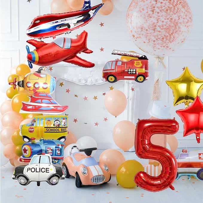 12pcs Transportation Balloons, Truck Plane School Bus Fire Truck Police Car Ship Ambulance Submarine Foil Balloon, Transportation 5th Birthday Vehicles Theme Party Supplies Decorations (5th)