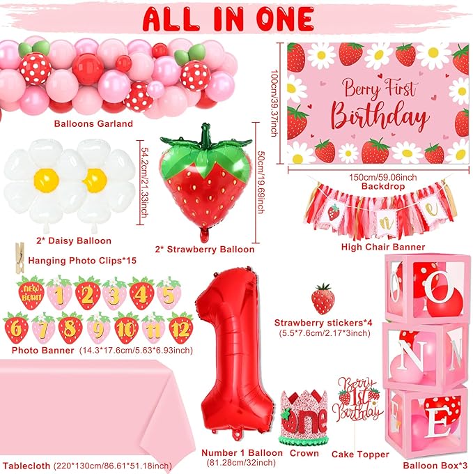 Berry First Birthday Decor, Strawberry 1st Birthday Decorations for Girls with Balloon Arch Kit Berry First Theme Balloon Boxes Crown Strawberry Cake Toppers Photo Banner Girl 1st Party supplies