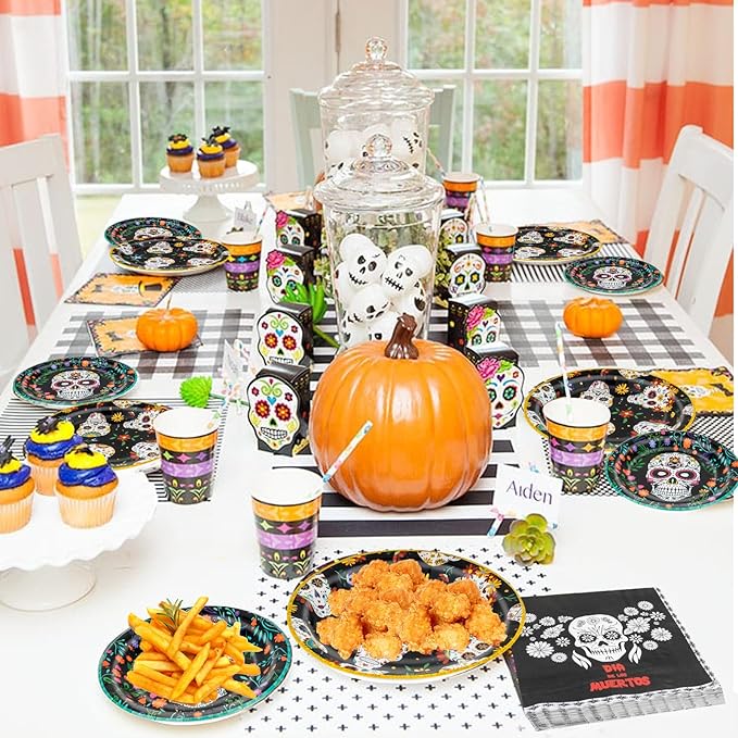 180Pcs Day of the Dead Party Supplies Paper Plates and Napkins Serve 60 Disposable Tableware Set for Birthday Party Decorations Game Day Family Holiday Sports Events