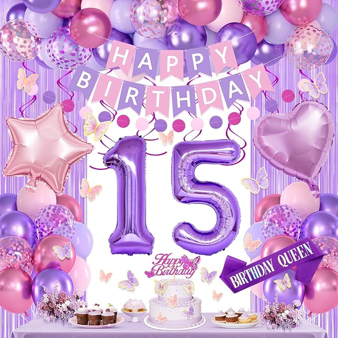 15th Purple Birthday Decorations for Girls, Pink and Purple Happy 15 Birthday Party Decorations with Happy Birthday Banner, Number Foil Balloons, Butterfly Cake Topper for 15th Party Supplies