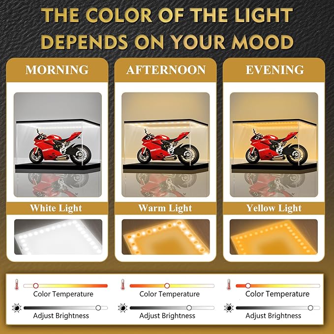 LANSCOERY Acrylic Display Case with Adjustable Yellow/White/Warm LED Light, UV Protection Clear Display Box, Dustproof Showcase for Action Figures, Models, Collectibles - 7.1x4.7x4.7inch