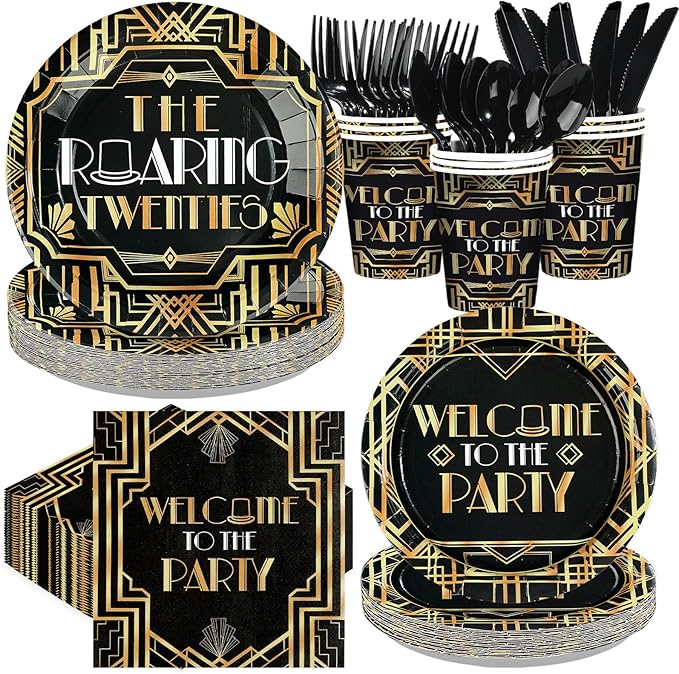 168Pcs Roaring 20s Party Decorations Great 1920s Party Plates Napkins Cups Forks Knives Spoons Black and Gold Retro Jazz Tableware for Speakeasy Bachelor Retirement Movie Night Supplies Serves 24